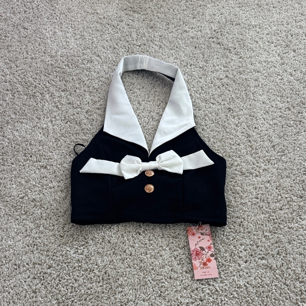 SHEIN Black and White Crop Top with Bow